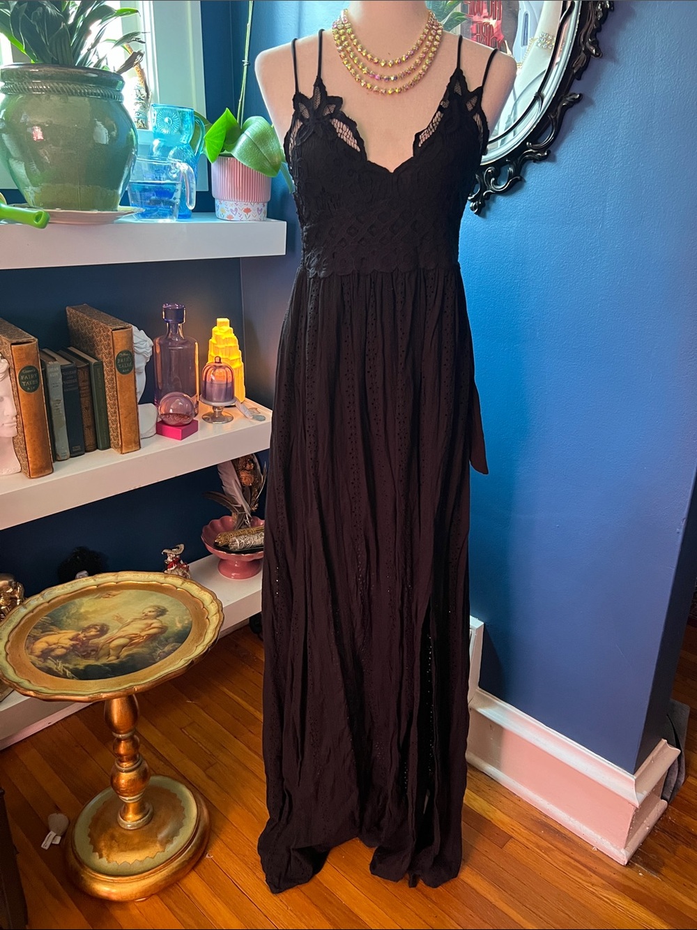 Black Lace Bodice Maxi Dress with Double Spaghetti Straps